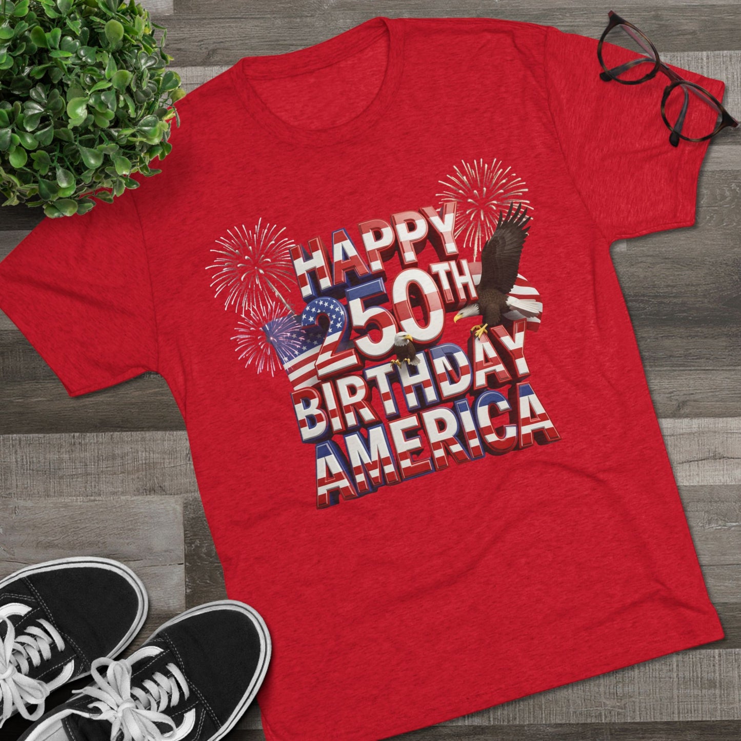 Happy 250th Birthday America T-Shirt | Fireworks Patriotic Tri-Blend Tee | 1776–2026