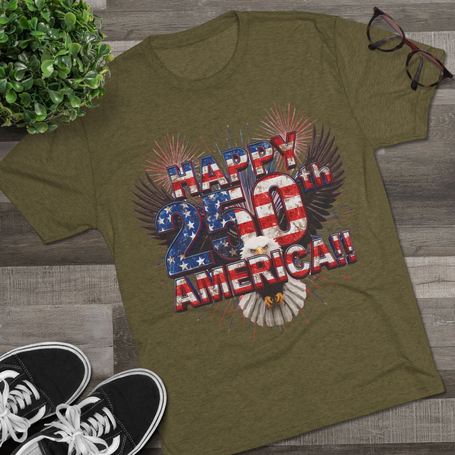 Happy 250th America T-Shirt | Patriotic Eagle Fireworks Tri-Blend Tee | July 4th 2026