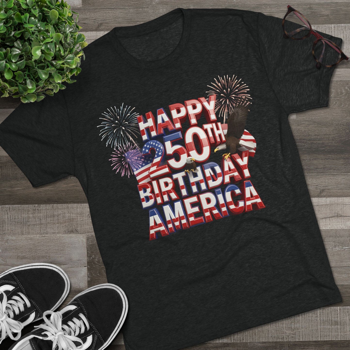 Happy 250th Birthday America T-Shirt | Fireworks Patriotic Tri-Blend Tee | 1776–2026