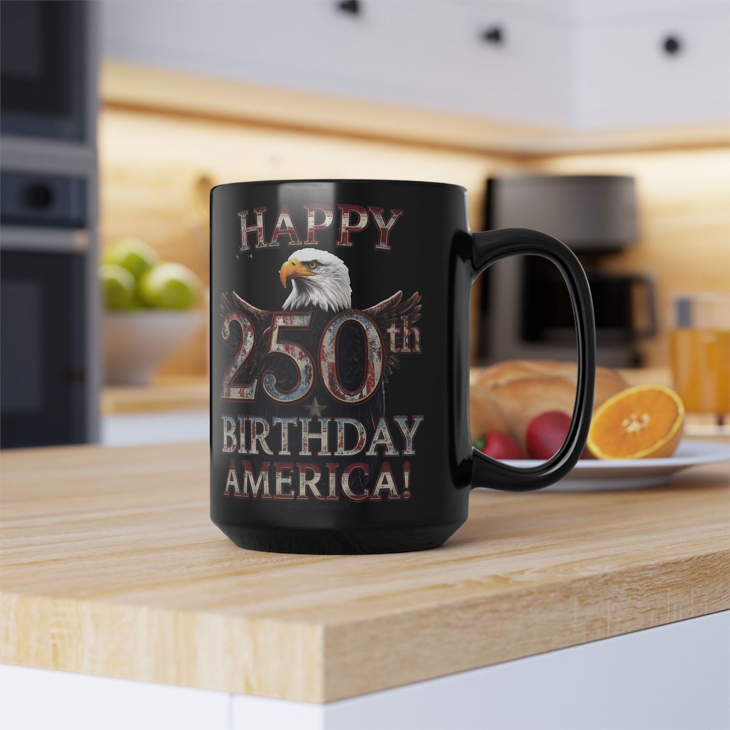 Happy 250th Birthday America Black Mug - Patriotic Eagle Coffee Cup | 11oz & 15oz