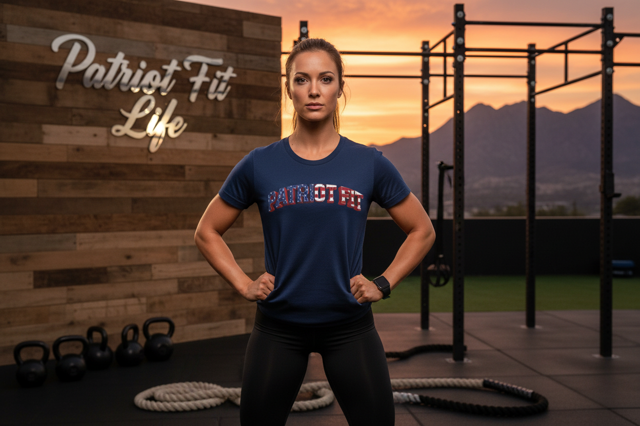 Person wearing a 'Patriot Fit Life' t-shirt in a fitness setting with sunset and mountains in the background.