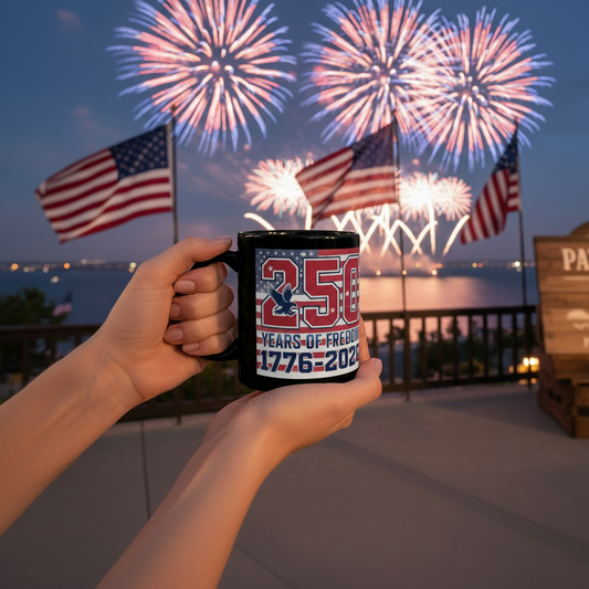 250 Years of Freedom 1776-2026 Black Mug | Patriotic Anniversary Coffee Cup