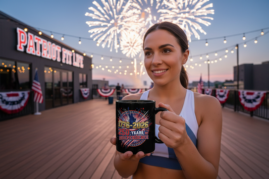 250 Years of Independence Mug 1776-2026 — Patriotic Black Coffee Mug with Fireworks & Statue of Liberty
