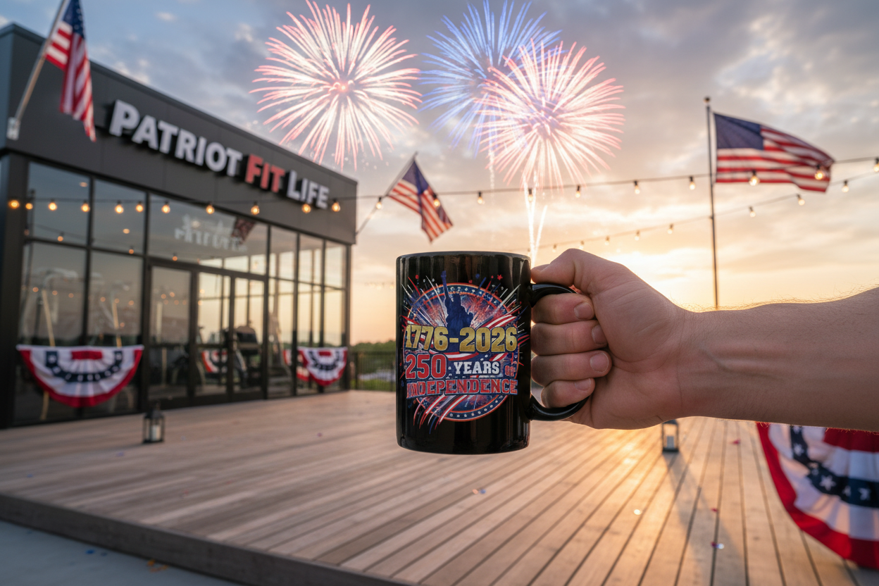 250 Years of Independence Mug 1776-2026 — Patriotic Black Coffee Mug with Fireworks & Statue of Liberty
