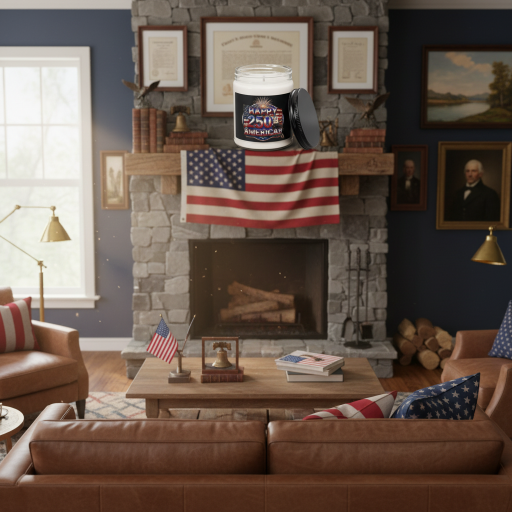 Living room with stone fireplace, American flag, and a candle labeled 'Happy 250th America!!'