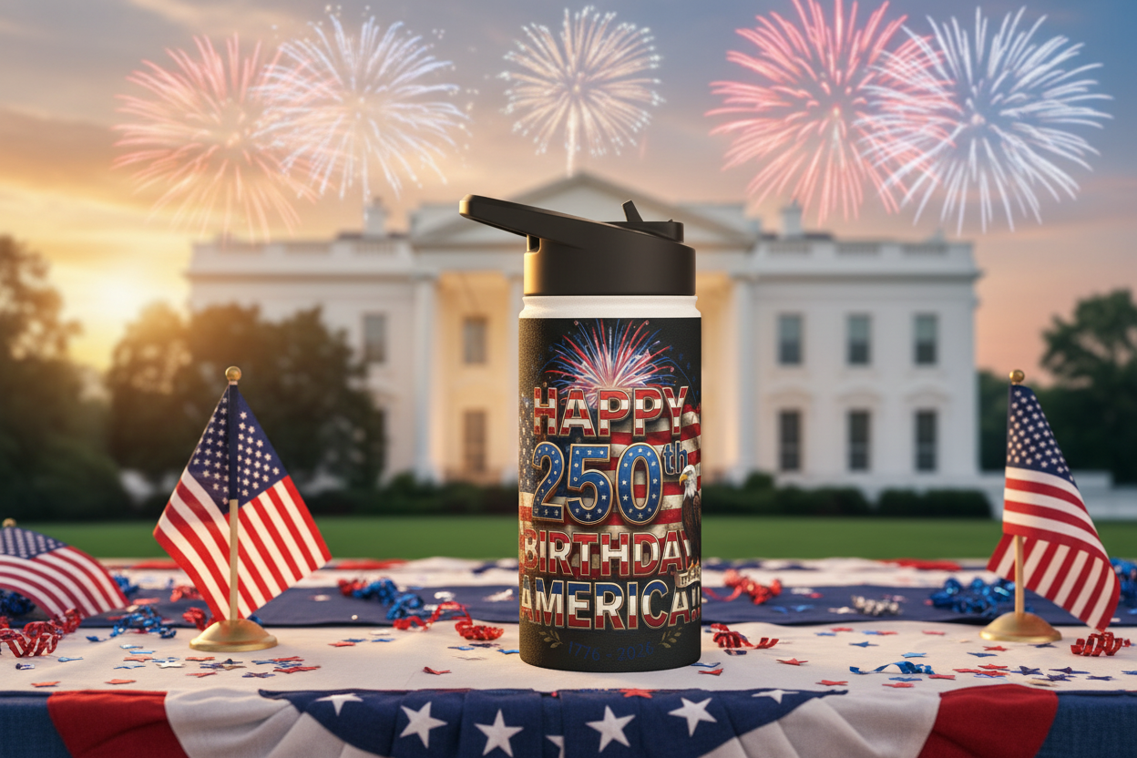 Water bottle with 'Happy 250th Birthday America!!' design in front of the White House with American flags and fireworks in the background.