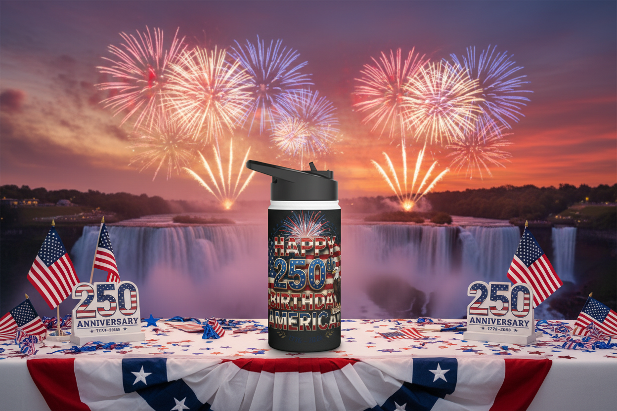 A black water bottle with 'Happy 250th Birthday America!!' text and American flag design in front of Niagara Falls with fireworks.