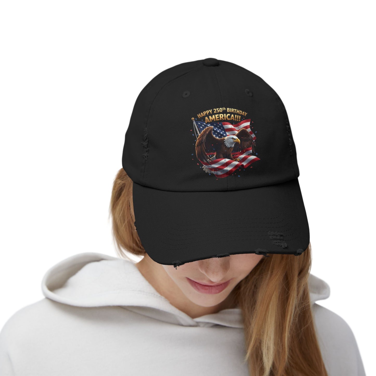 Happy 250th Birthday America Bald Eagle Cap | Distressed Patriotic Hat