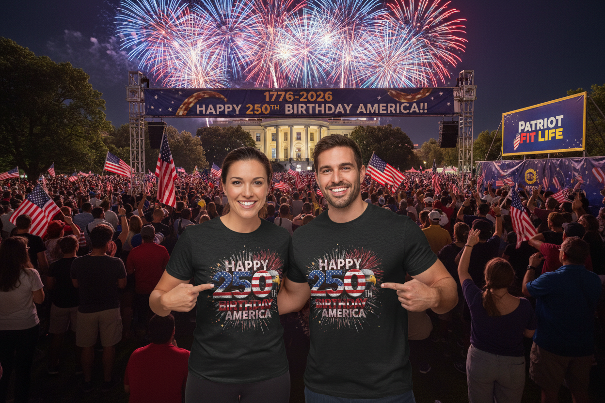 Two people wearing 'Happy 250th Birthday America' t-shirts in front of a large crowd with fireworks and a banner in the background.
