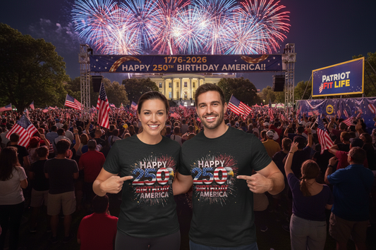 Two people wearing 'Happy 250th Birthday America' t-shirts in front of a large crowd with fireworks and a banner in the background.