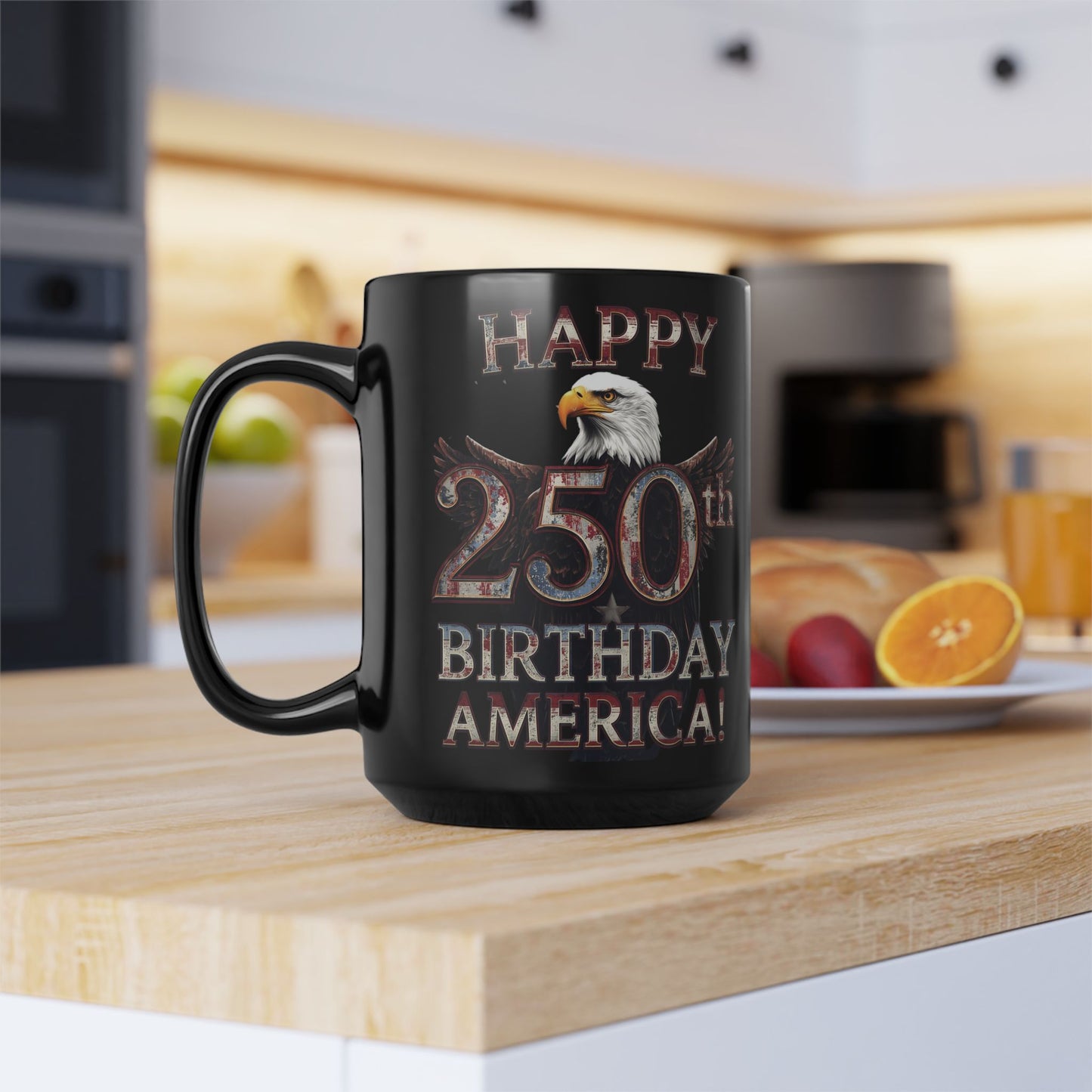 Happy 250th Birthday America Black Mug - Patriotic Eagle Coffee Cup | 11oz & 15oz
