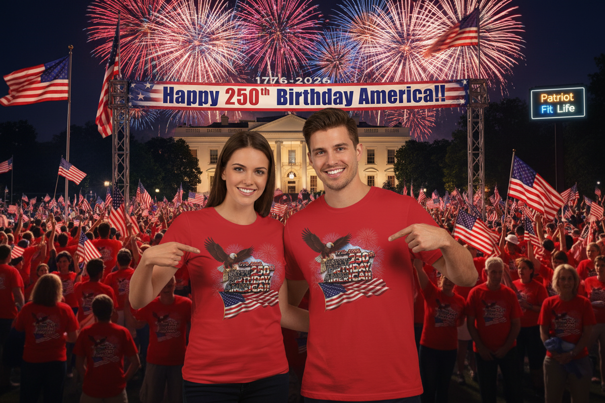 Two people in Happy 250th Birthday America!! red t-shirts with a patriotic design in front of a crowd celebrating America's 250th birthday with fireworks and flags.