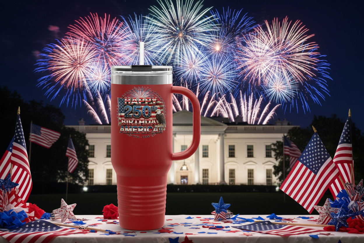Happy 250th Birthday America Tumbler | 40oz Insulated Travel Mug | 6 Colors | 1776-2026