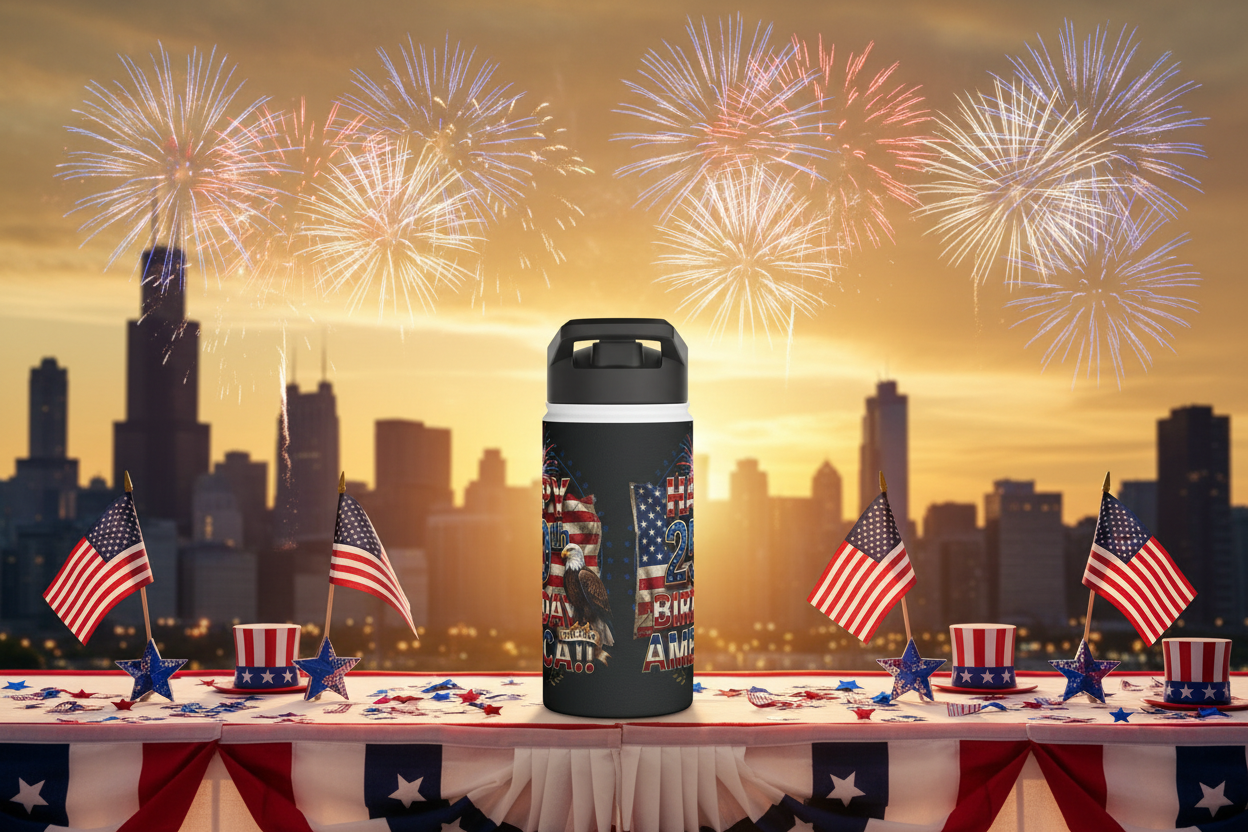 A black water bottle with the "Happy 250th Birthday America!! text design on a table with the Chicago city skyline, American flags, and fireworks in the background.