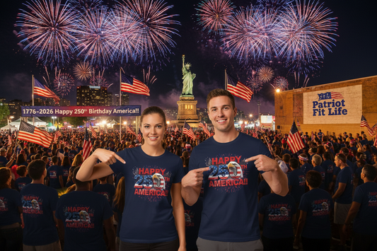 Two people in 'Happy 250th America!' t-shirts in front of a fireworks display with the Statue of Liberty in the background.