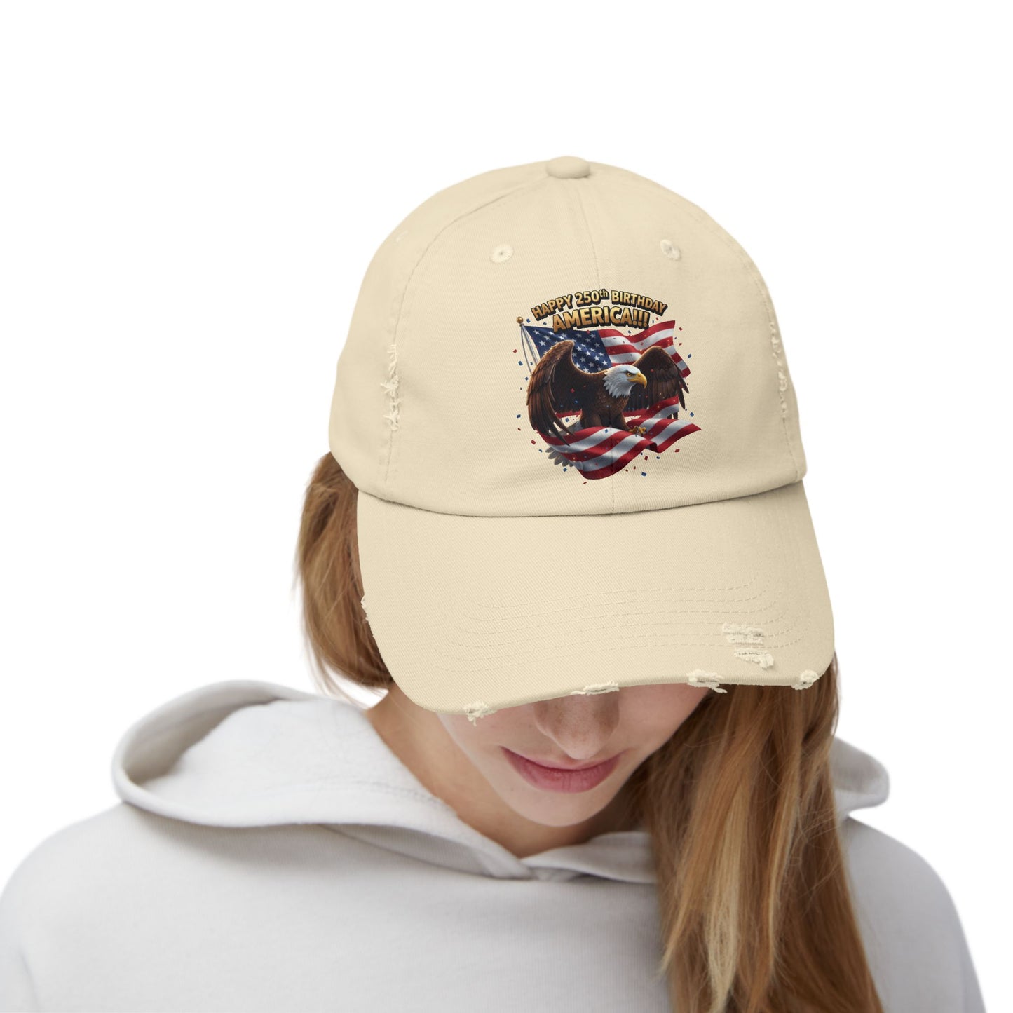 Happy 250th Birthday America Bald Eagle Cap | Distressed Patriotic Hat