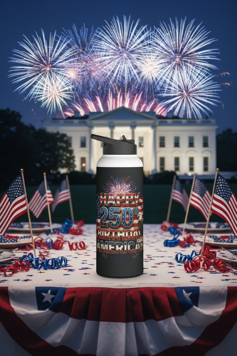 Water bottle with Happy 250th Birthday America!! text design in front of fireworks over the White House.