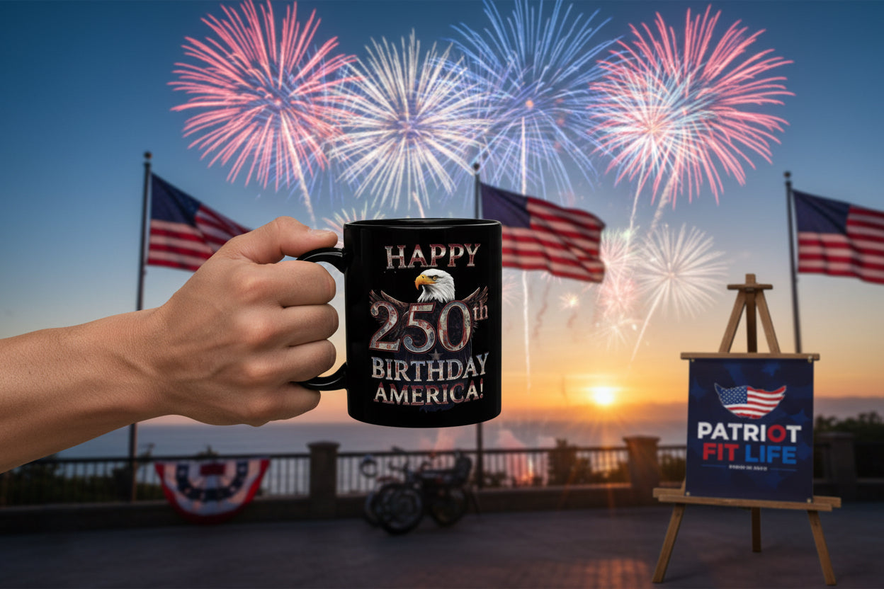 Happy 250th Birthday America Black Mug - Patriotic Eagle Coffee Cup | 11oz & 15oz