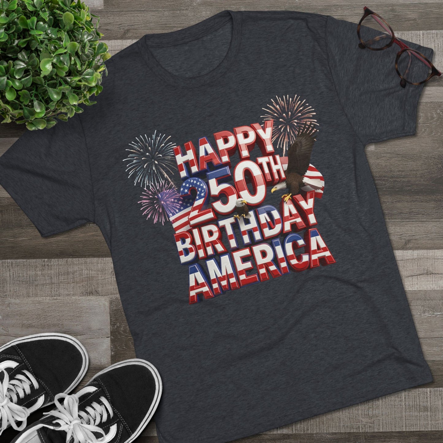 Happy 250th Birthday America T-Shirt | Fireworks Patriotic Tri-Blend Tee | 1776–2026