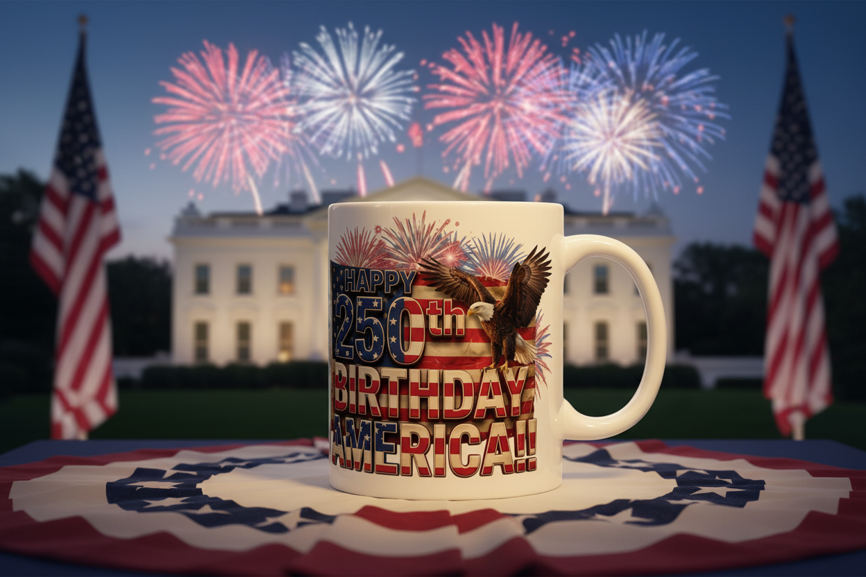 Happy 250th Birthday America!! Mug | Patriotic Eagle Flag & Fireworks Wrap-Around Ceramic Cup | 11oz & 15oz