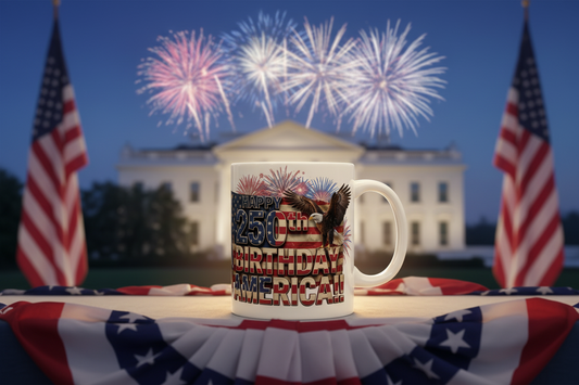 Happy 250th Birthday America!! Mug | Patriotic Eagle Flag & Fireworks Wrap-Around Ceramic Cup | 11oz & 15oz