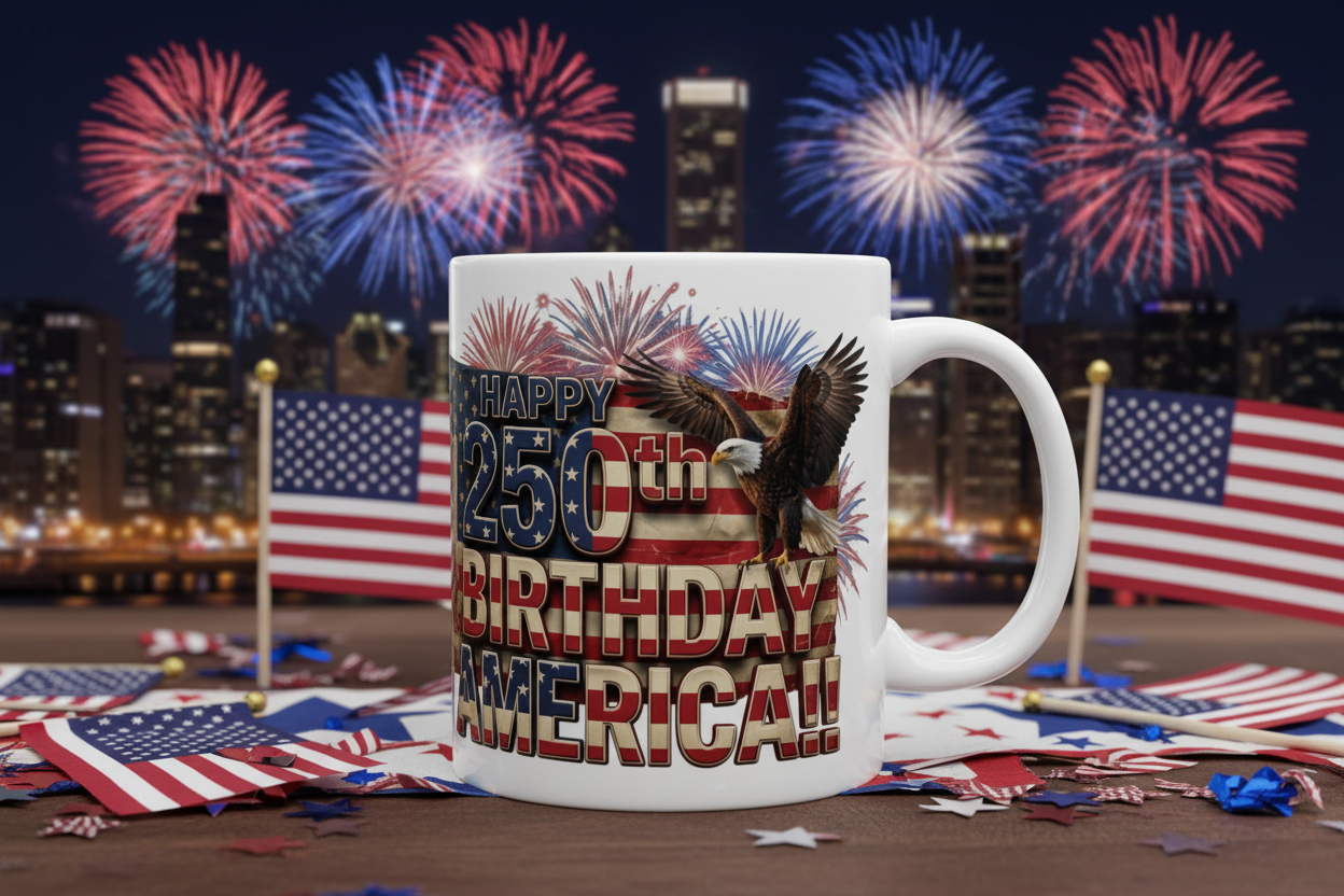 Happy 250th Birthday America!! Mug | Patriotic Eagle Flag & Fireworks Wrap-Around Ceramic Cup | 11oz & 15oz