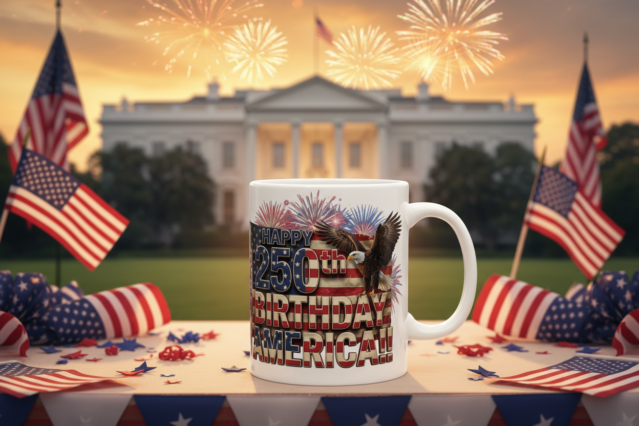 Happy 250th Birthday America!! Mug | Patriotic Eagle Flag & Fireworks Wrap-Around Ceramic Cup | 11oz & 15oz