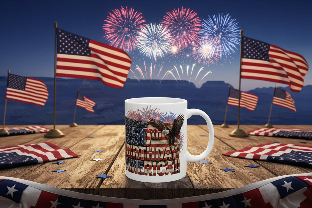 Happy 250th Birthday America!! Mug | Patriotic Eagle Flag & Fireworks Wrap-Around Ceramic Cup | 11oz & 15oz