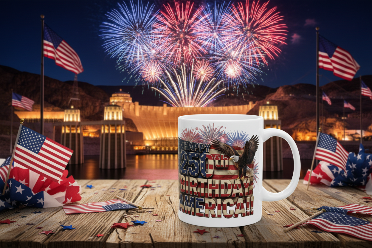 Happy 250th Birthday America!! Mug | Patriotic Eagle Flag & Fireworks Wrap-Around Ceramic Cup | 11oz & 15oz