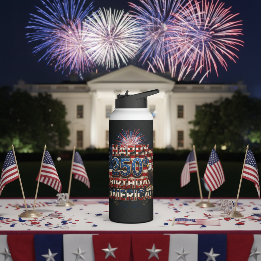 A black water bottle with the 'Happy 250th Birthday America!!' text design in front of fireworks and the White House.