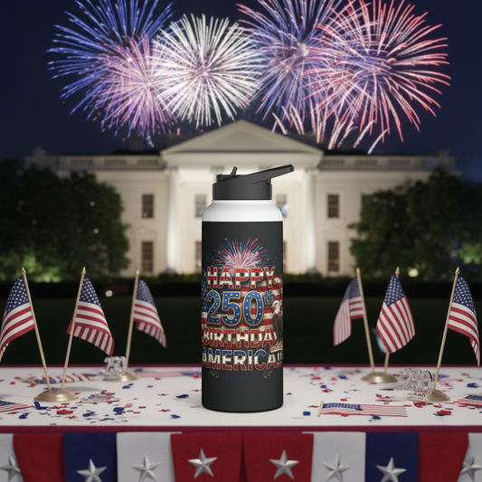 A black water bottle with the 'Happy 250th Birthday America!!' text design in front of fireworks and the White House.
