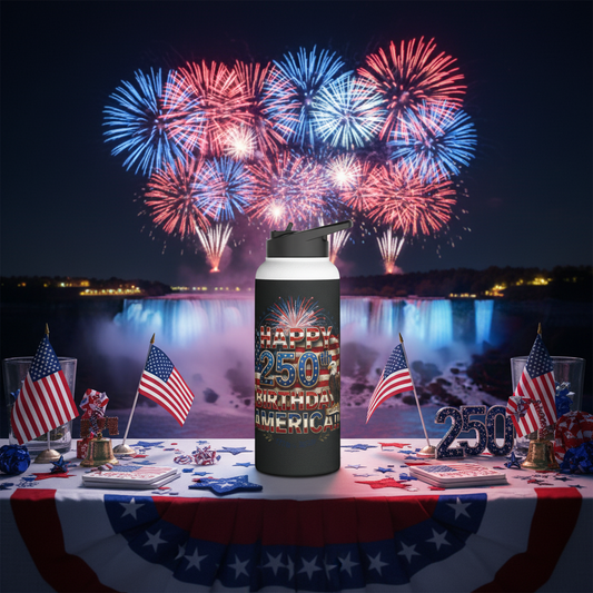 A black water bottle with the "Happy 250th Birthday America!! text design on a table in front of Niagara Falls, American flags, and fireworks in the background.
