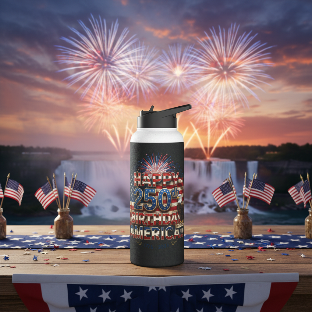 A black water bottle with the "Happy 250th Birthday America!! text design on a table with Niagara Falls, American flags, and fireworks in the background.