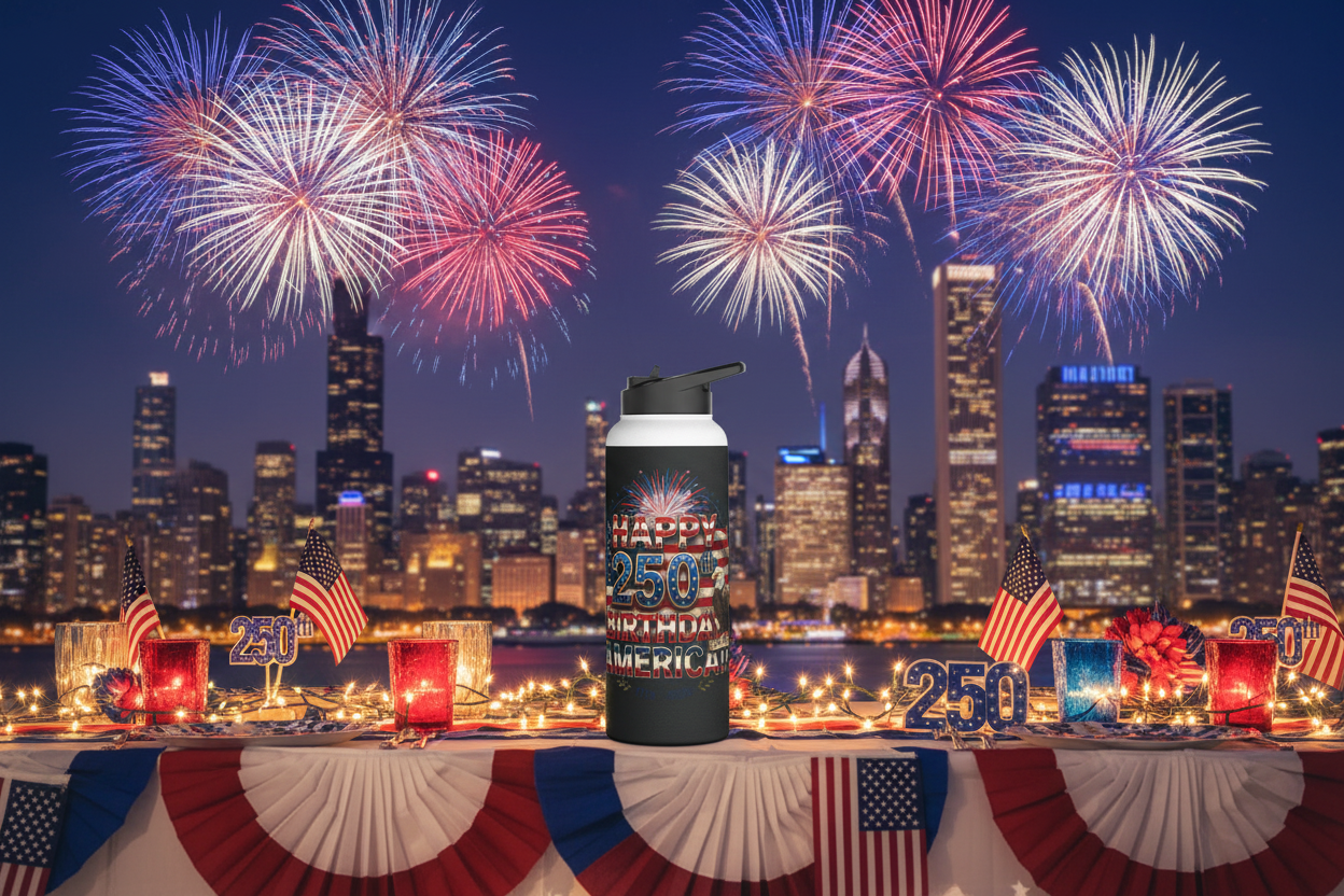 A black water bottle with the "Happy 250th Birthday America!! text design on a table with the Chicago city skyline, American flags, and fireworks in the background.