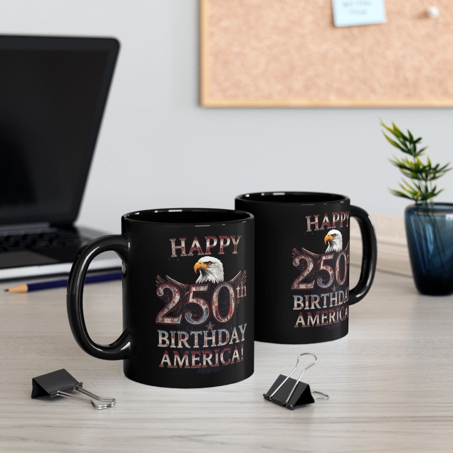 Happy 250th Birthday America Black Mug - Patriotic Eagle Coffee Cup | 11oz & 15oz