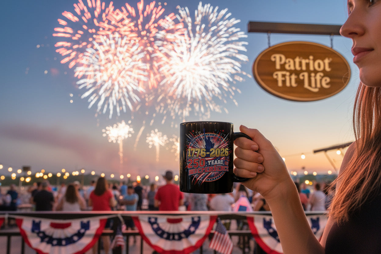 250 Years of Independence Mug 1776-2026 — Patriotic Black Coffee Mug with Fireworks & Statue of Liberty