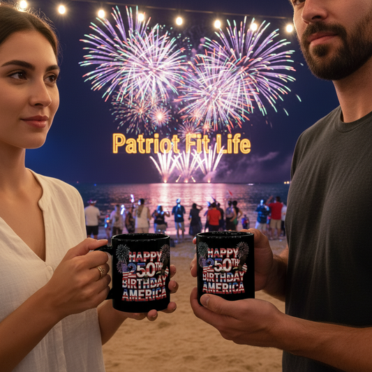 Happy 250th Birthday America Mug - Patriotic Fireworks Black Ceramic Coffee Cup 11 oz & 15 oz