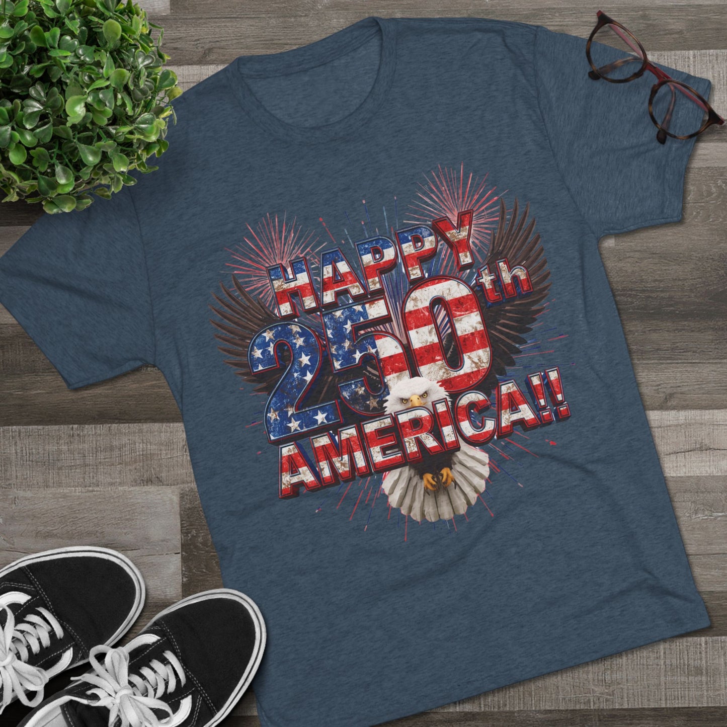 Happy 250th America T-Shirt | Patriotic Eagle Fireworks Tri-Blend Tee | July 4th 2026