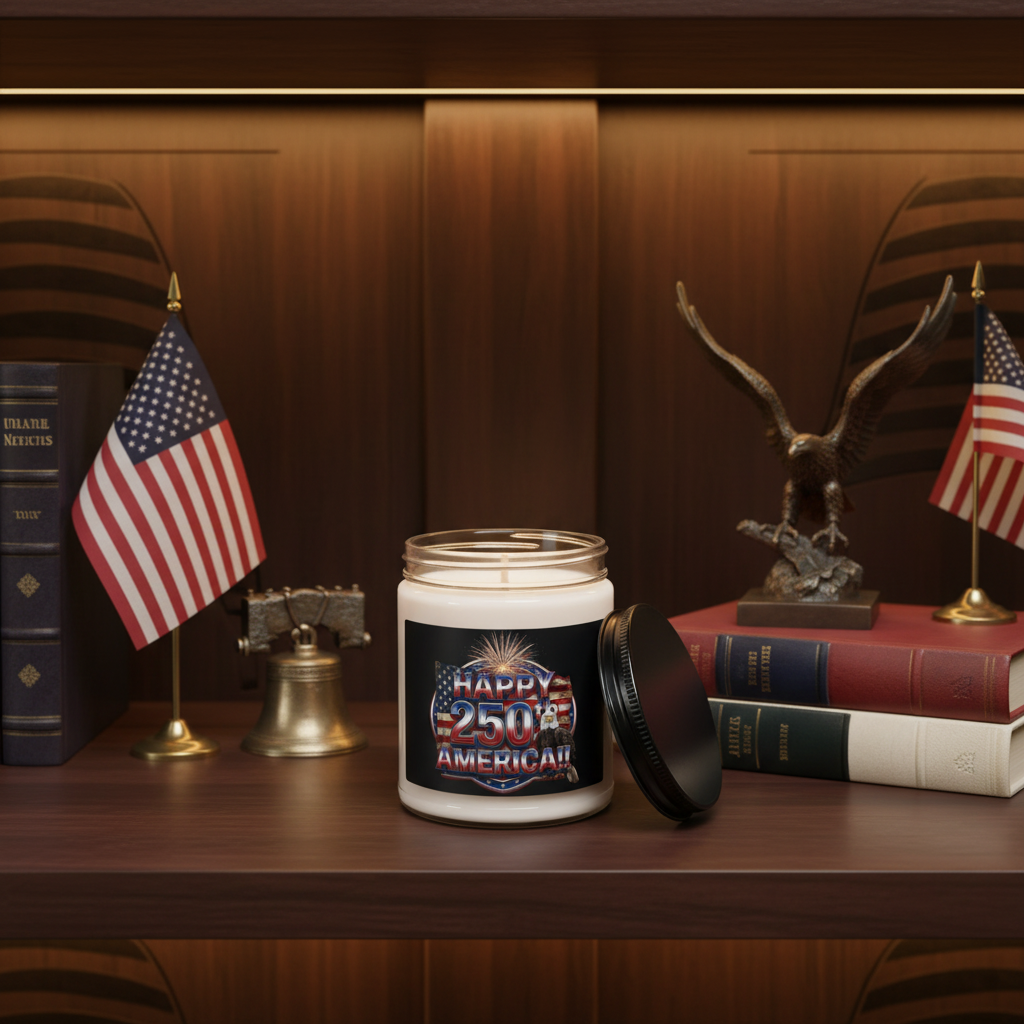 Candle with 'Happy 250th America!!' label on a wooden surface with American flags and books.