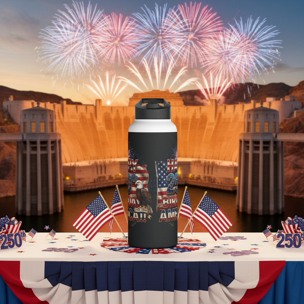 A black water bottle with the "Happy 250th Birthday America!! text design on a table with the Hoover Dam, American flags, and fireworks in the background.