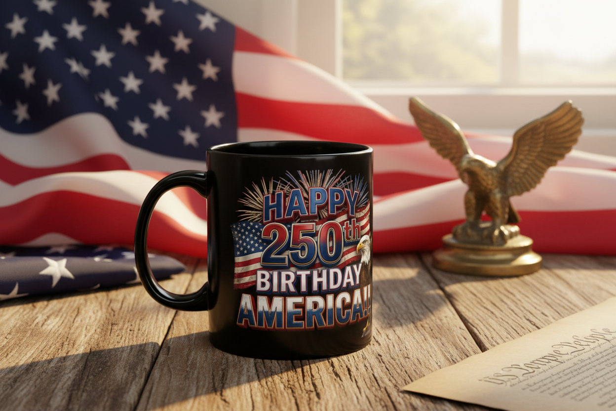 Happy 250th Birthday America Mug | Patriotic Eagle Flag & Fireworks Coffee Cup | 11oz & 15oz