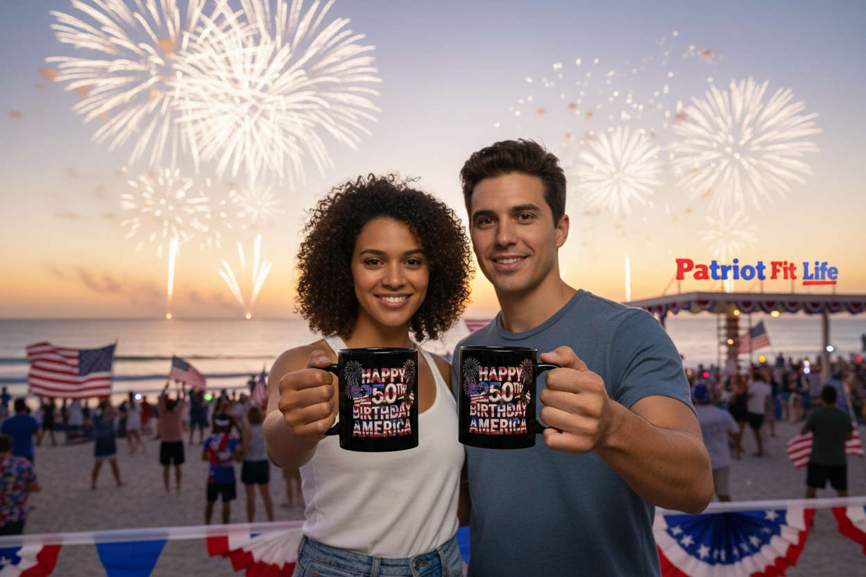 Two people holding mugs with 'Happy 250th Birthday America' text in front of a fireworks display.