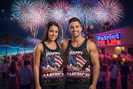 Two people wearing matching tank tops with American flag designs and 'Happy America' text, standing in front of a fireworks display and 'Patriot Fit Life' sign.