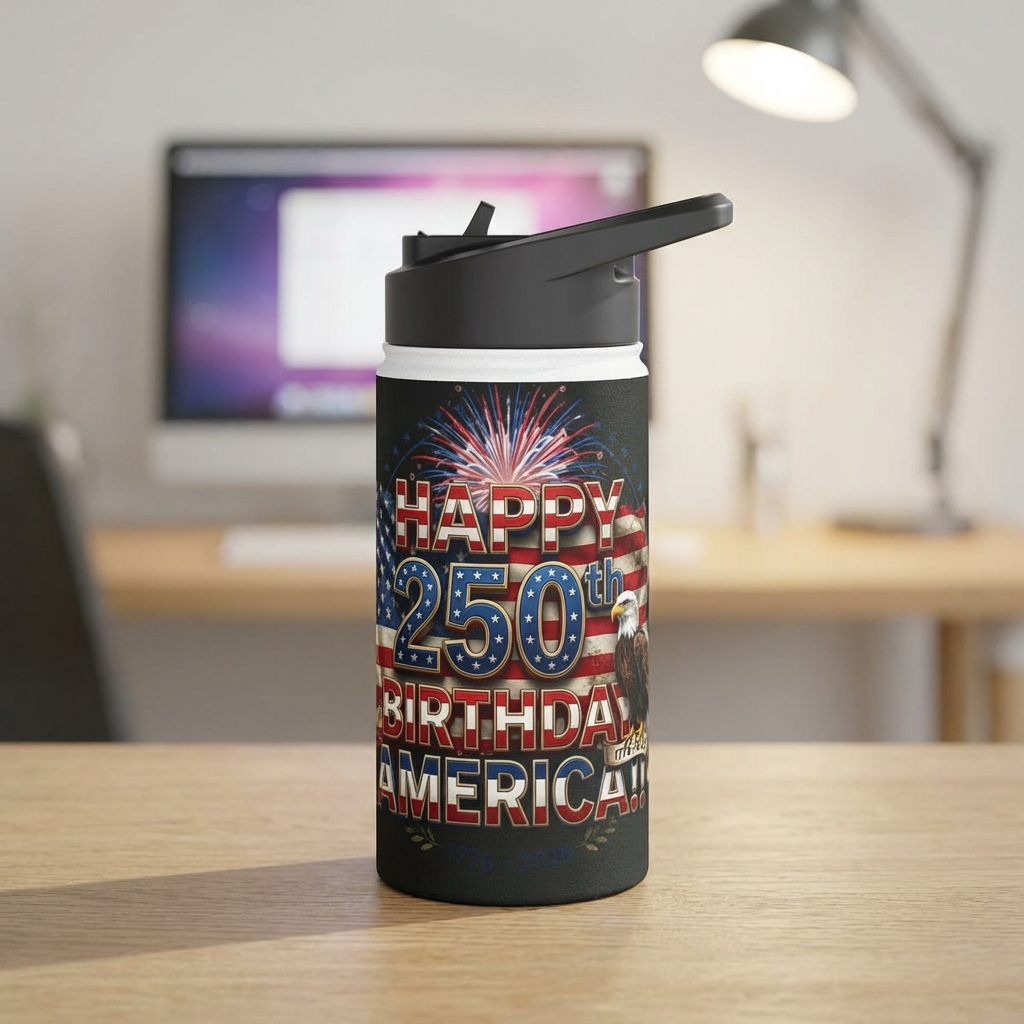 Happy 250th Birthday America Water Bottle | Patriotic Eagle Stainless Steel | 12oz, 18oz & 32oz