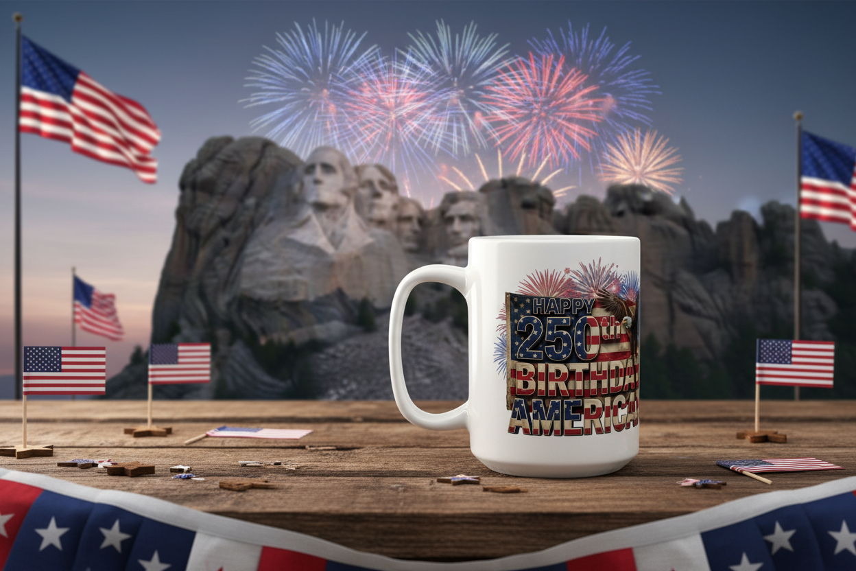 Happy 250th Birthday America!! Mug | Patriotic Eagle Flag & Fireworks Wrap-Around Ceramic Cup | 11oz & 15oz