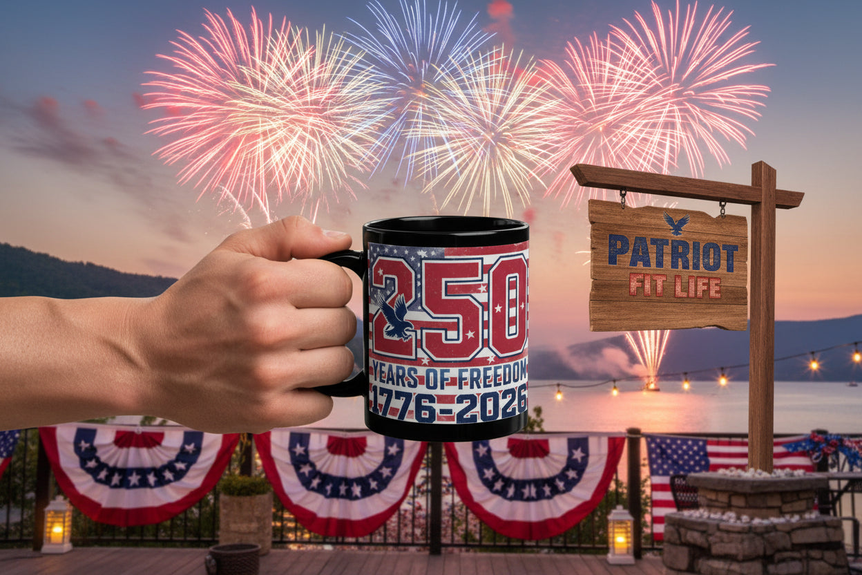 Person holding a mug with '250 Years of Freedom' text, fireworks, and 'Patriot Fit Life' sign in the background.