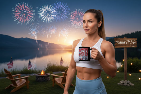 A woman holding a mug that says 250 Years Of Freedom 1776-2026 with fireworks and a lake in the background