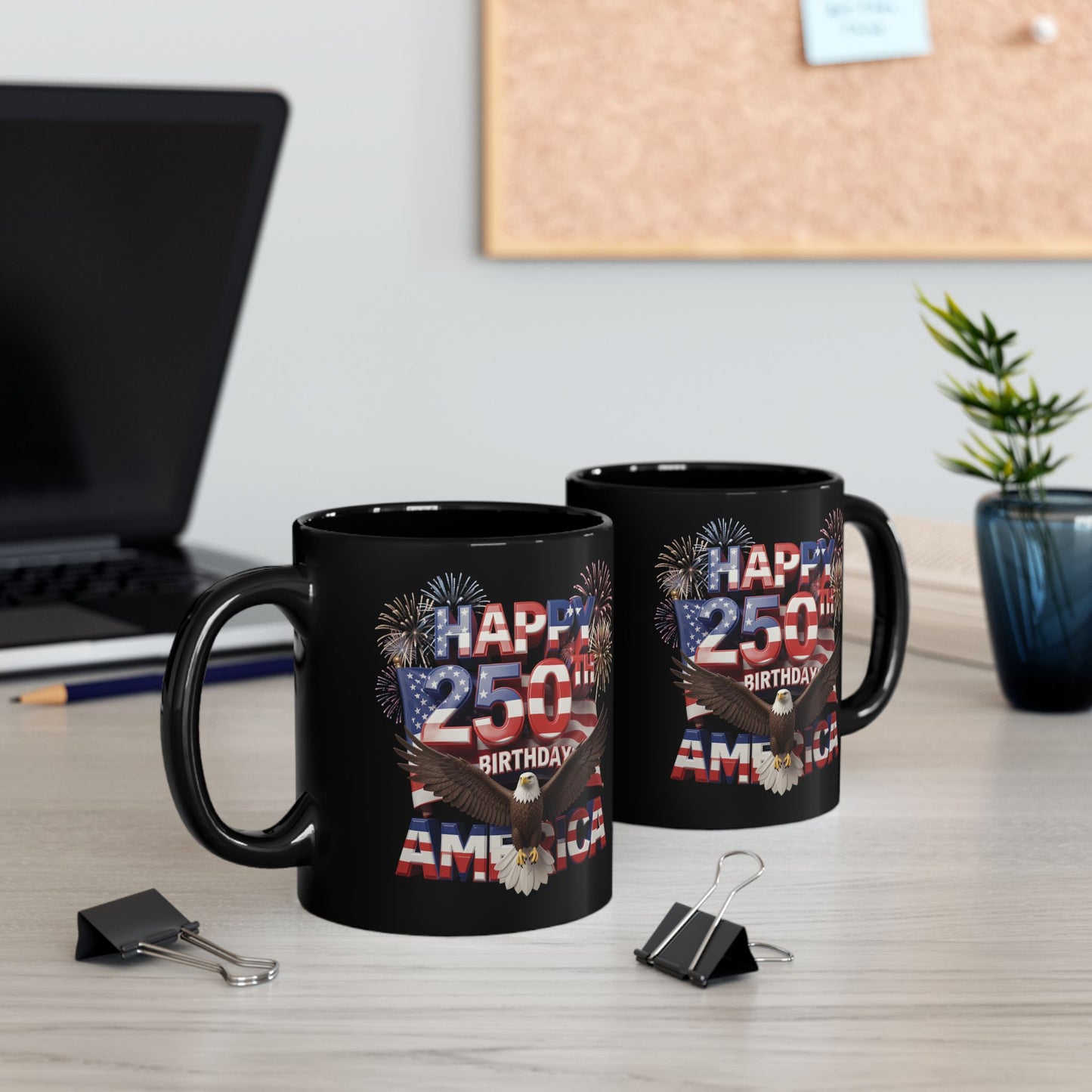 Happy 250th Birthday America Mug - Patriotic Eagle & Fireworks Black Ceramic  11 oz & 15 oz