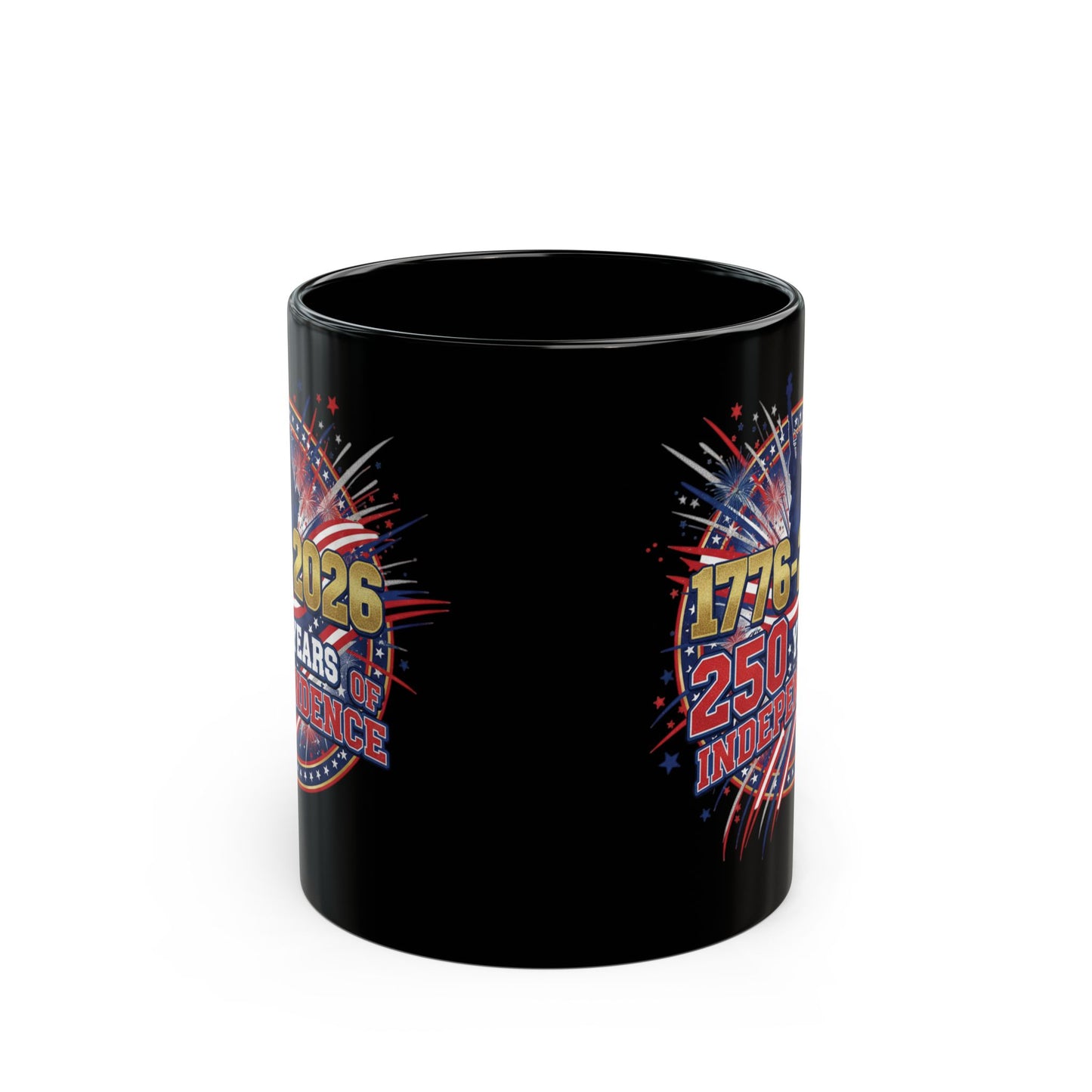 250 Years of Independence Mug 1776-2026 — Patriotic Black Coffee Mug with Fireworks & Statue of Liberty