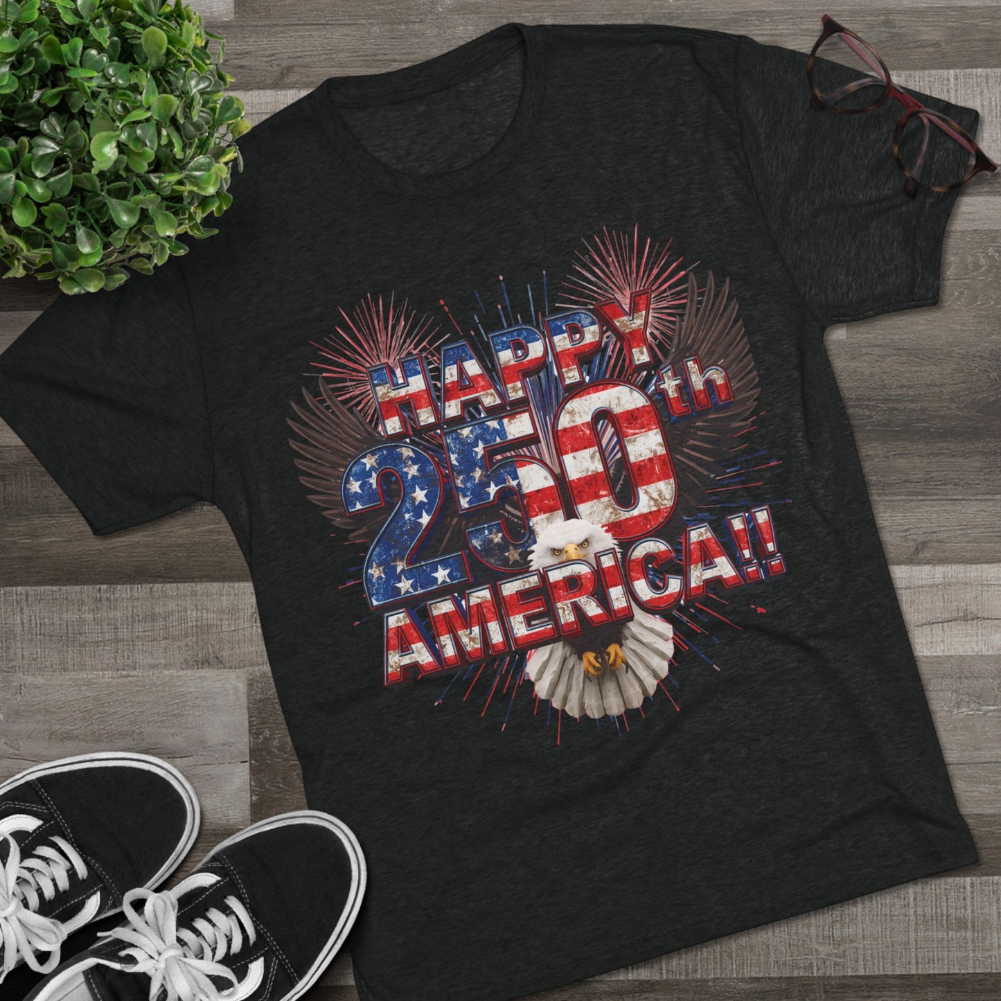 Happy 250th America T-Shirt | Patriotic Eagle Fireworks Tri-Blend Tee | July 4th 2026